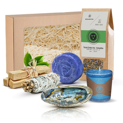 Set regalo per chakra della gola (Vishuddha): tè chakra + incenso + candela